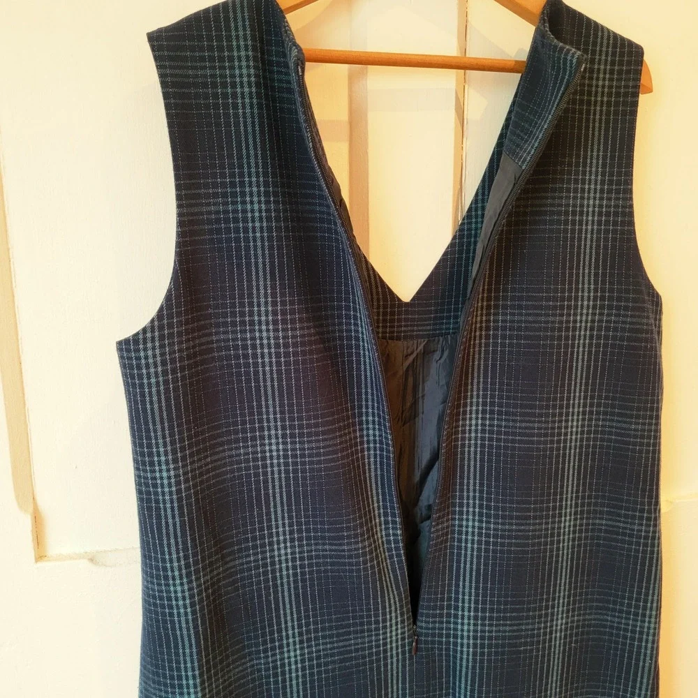 TWIK Plaid Pinafore Dress Navy Blue Teal Academia Layering Jumper Dress Small - Picture 9 of 14